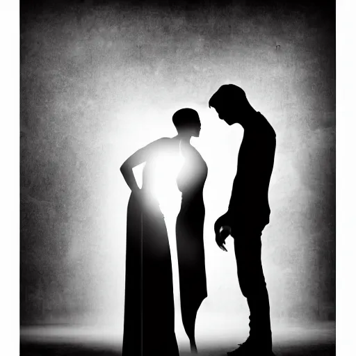 Image similar to a woman and man apart, silhouette, abstract, album art, melancholic,