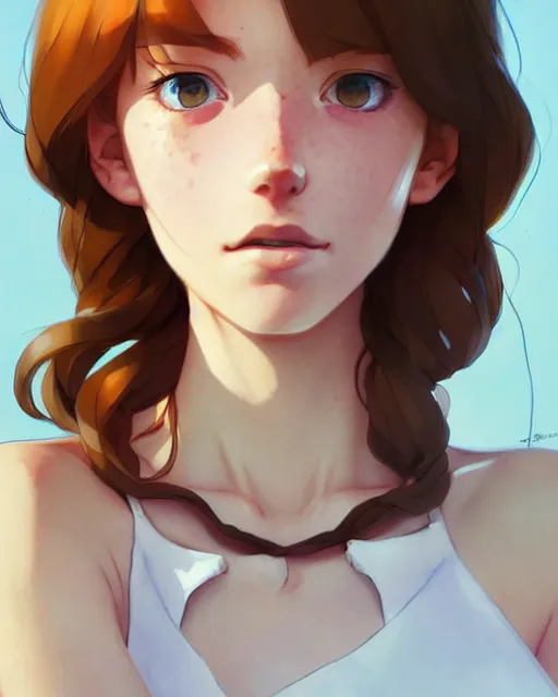 Image similar to young southern woman, freckle, ginger hair, sad cerulean eyes, simple cream dress, detailed perfect face, mid view, by artgerm, by studio muti, greg rutkowski makoto shinkai takashi takeuchi studio ghibli