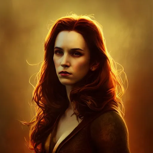 Image similar to majestic gracious regal female brunette vampire portrait, atmospheric lighting, painted, menacing, intricate, volumetric lighting, beautiful, rich deep colours masterpiece, golden hour, sharp focus, ultra detailed, by leesha hannigan, ross tran, thierry doizon, kai carpenter, ignacio fernandez rios