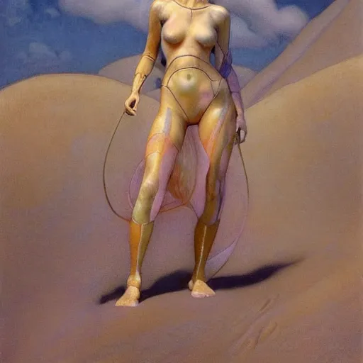 Image similar to masterpiece full body portrait of a beautiful Fremen woman with a perfect body on Dune, by Edgar Maxence and Ross Tran and Michael Whelan and Gustav Klimpt