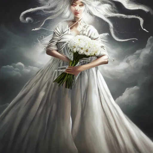 Image similar to painting of a a queen with a white large magnificent more and more vaporous ,wrapped ,hight decorated, detailed ,white and cream roses cotton dress shooting surrounded by a bouquet of abstract white flowers and clouds, dramatic light, artstation octane,surrealism 8k