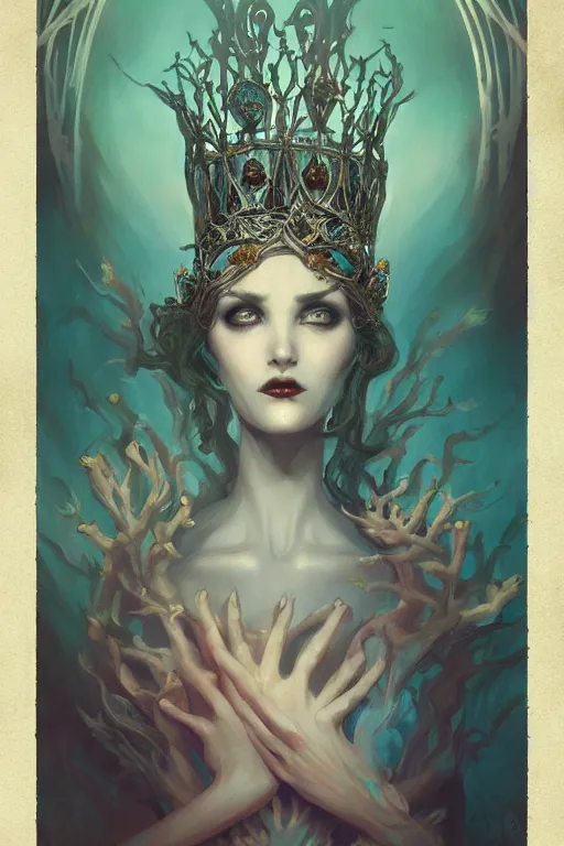 Prompt: jeweled Crown, other worldly, fairy necromancer court, bones, art nouveau, by Anato Finnstark, Tom Bagshaw, Brom