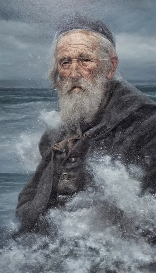 Image similar to Striking portrait of an old weathered sea captain during a storm, oil on canvas, by Richard Foster, by David Cobley, by Anastasia Pollard, highly detailed, dramatic lighting