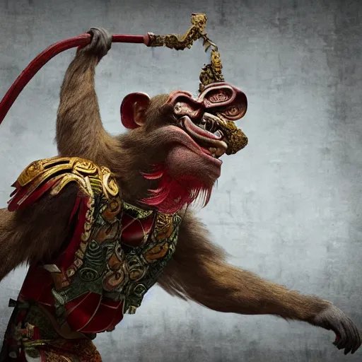 Image similar to The Chinese Zodiac sign of monkey warrior, traditional Chinese textures, hyper detail, Unreal engine,Octane render, by Brooke Shaden