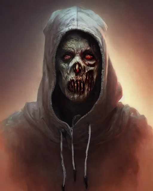 Image similar to hyper realistic photo portrait zombie with hoodie cinematic, greg rutkowski, james gurney, mignola, craig mullins, brom