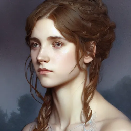 Image similar to hermione, intricate, elegant, highly detailed, digital painting, artstation, concept art, smooth, sharp focus, illustration, art by artgerm and greg rutkowski and alphonse mucha and william - adolphe bouguereau