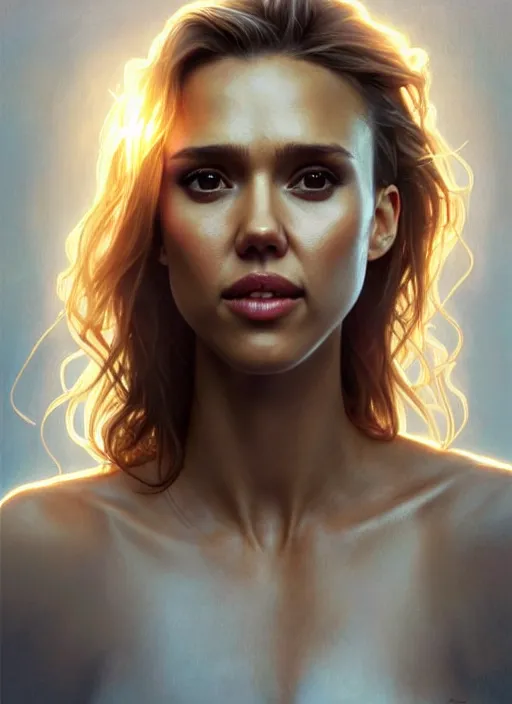 Image similar to half Jessica Alba half Nathalie Portman half scarlett johansonna pure seductive angel, full body portrait, slight smile, diffuse natural sun lights, autumn lights, highly detailed, digital painting, artstation, concept art, sharp focus, illustration, art by wlop and greg rutkowski and alphonse mucha and artgerm