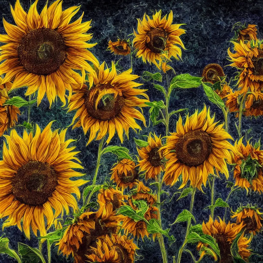 Prompt: Detailed rendering and digital dynamic painting of unbelievable and inconceivable art of sunflowers dancing with distortions in the wind , vibrant and vivid, smooth, soft, dark, bright, heavenly, elegant, swirls, twirling, twisted, cinematic, unreal, high contrast, HDR, 4k, artstation, cgsociety, magical, mystical, mystifying, obscure, perplexing, zbrush, octane, hyperrealistic