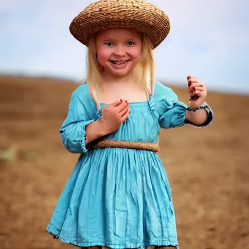 Prompt: a little peasant girl, blue dress, blond hair, bare feet, smiling