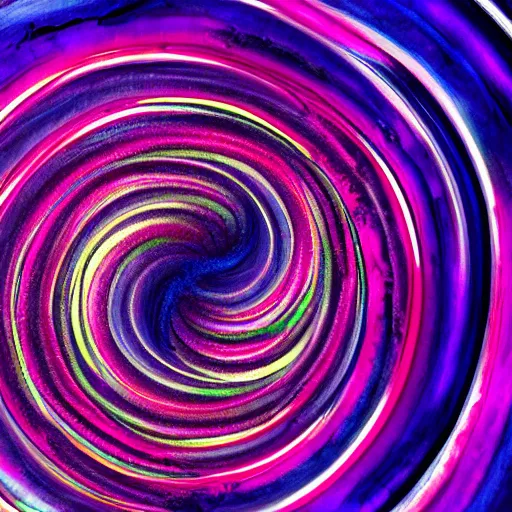 Prompt: abstract acrylic of a spiral vortex, chaotic fractal patterns, cells, purple magenta blue iridescent colors, dynamic curves, pouring techniques, artstation, pinterest