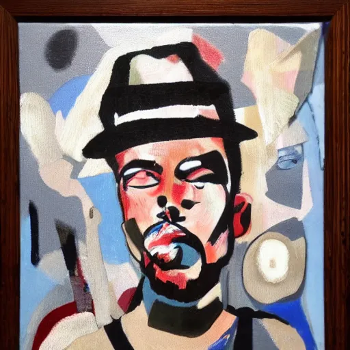 Prompt: mingus with pork pie hat, art work at moma