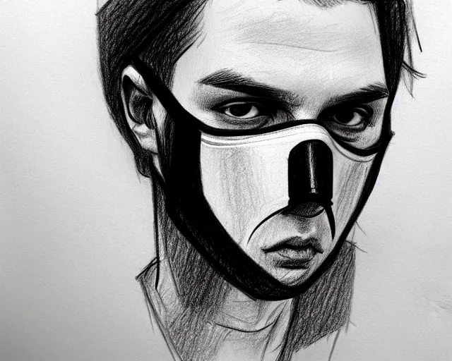 Image similar to draft drawing of a european man covering her face with mask, a sketch by choro choi, thin stroke, trending on artstation, context art, pencil sketch, high detail