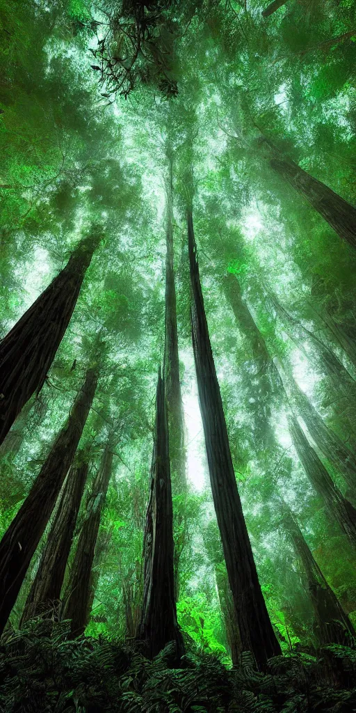 Prompt: numerous redwood trees faintly glowing in dark night jungle, wide angle shot, fantasy digital art, highly detailed