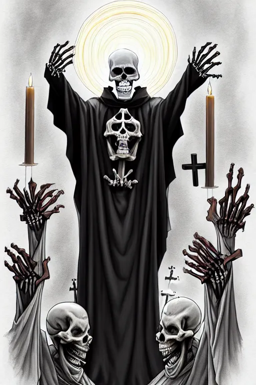 Prompt: dying rotting evil skeleton Priest at an alter giving a sermon to followers portrait by Artgerm and WLOP