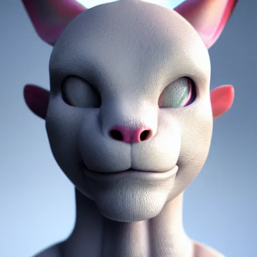 Image similar to realistic portrait of mewtwo, 1 0 0 mm, octane render, studio lighting