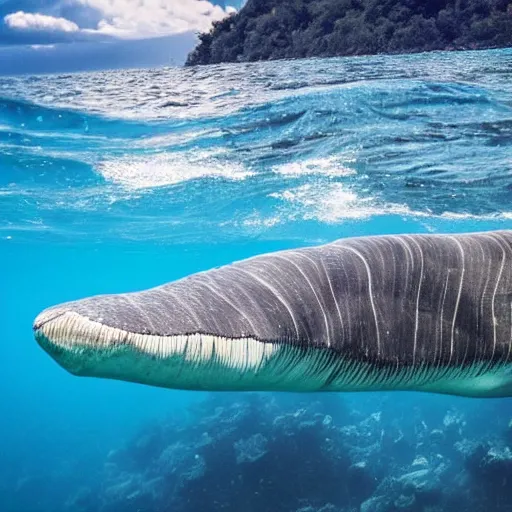 Image similar to photo of a plesiosaur swimming next to boat in crystal clear tropical water