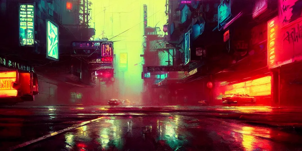 Prompt: beautiful painting by jeremy mann, cyberpunk street, neon signs, still from enter the void movie, pastel hypercolor scheme, oil painting, perfect composition, detailed octane render trending on artstation, misty, ominous, 8 k artistic photography, volumetric cinematic perfect light, wlop, alena aenami, greg rutkowski