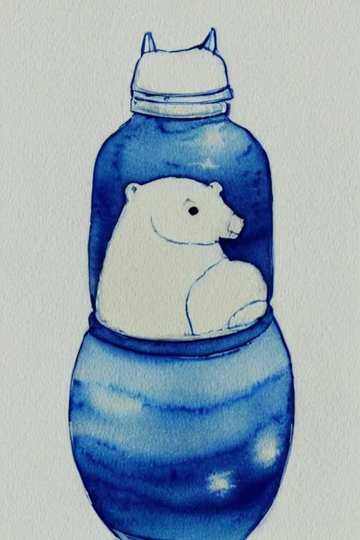 Image similar to a cute anime polar bear in a blue and white porcelain vase, watercolor, white background, lovely