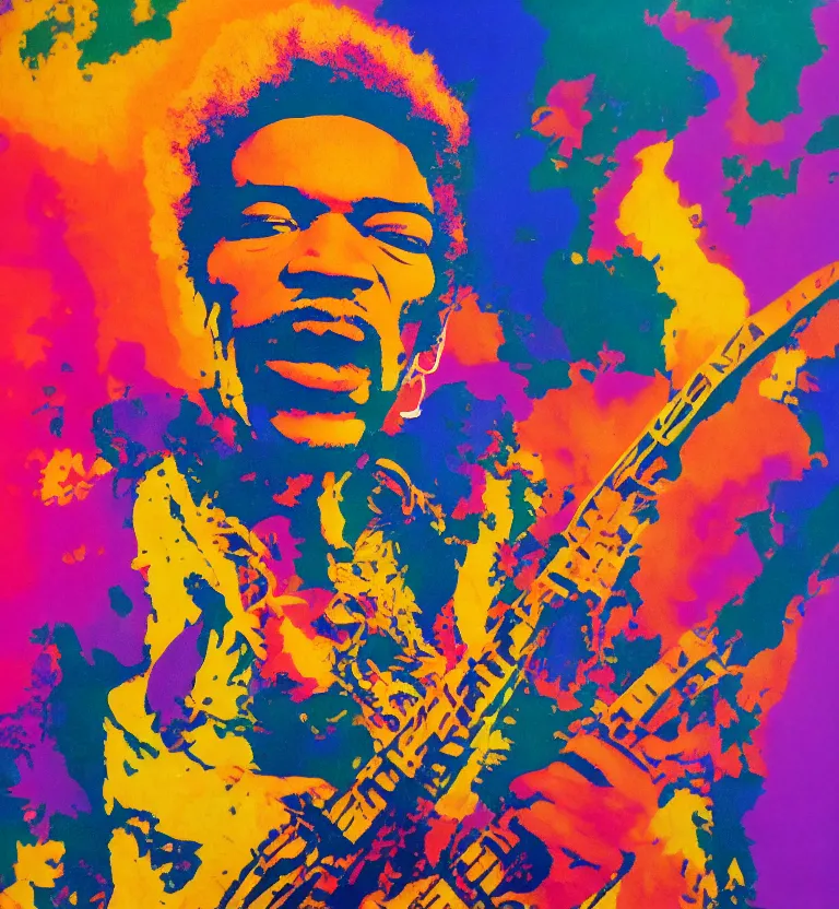 Image similar to colour portrait photography of jimi hendrix full body shot by annie leibovitz, colourful biomorphic opart temple, 8 k