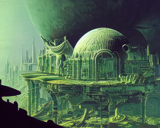 Image similar to a hyper detailed view of a large domed city on the moon, solarpunk, ecopunk, futuresynth, majestic, epic metropolis, by eyvind earle and patrick woodroffe