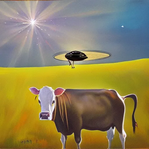 Prompt: a beautiful painting of a cow in a meadow with a ufo flying in the air above the cow, its beam shining on the cow's body.
