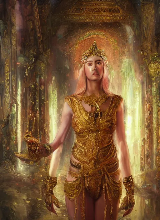 Image similar to soft focus oil painting on canvas of beautiful full body concept art, beautiful faced female priestess with shiny hair wearing full intricate clothing standing in a slimy temple, godray, intricate lighting, micro detail, cg society