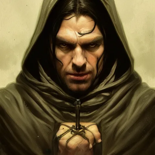 Prompt: portrait of a hooded half - elf middle aged man with black hair in a dark suburb, strong, angry, fantasy, highly detailed, digital painting, artstation, concept art, character art, art by greg rutkowski and tyler jacobson and alphonse mucha