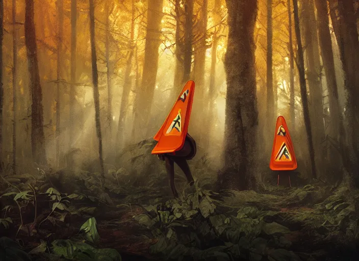 Image similar to a few orange safety cones in a beautiful strange forest, a black hair beast stands in the center distance, cinematic painting by james jean, atomspheric lighting, moody lighting, dappled light, detailed, digital art, limited color palette, wes anderson, 2 4 mm lens, surreal