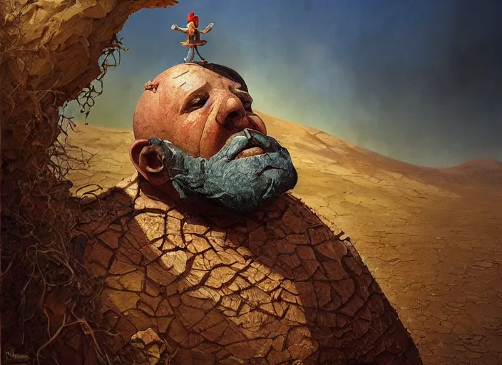 Image similar to a forgotten garden gnome surviving in a vast barren desert, hopeless wasteland background with a relentless raging sun overhead, hot, oppressive, an ultrafine detailed painting by by karol bak and filip hodas, trending on deviantart, pop surrealism, whimsical, lowbrow, perfect symmetrical face