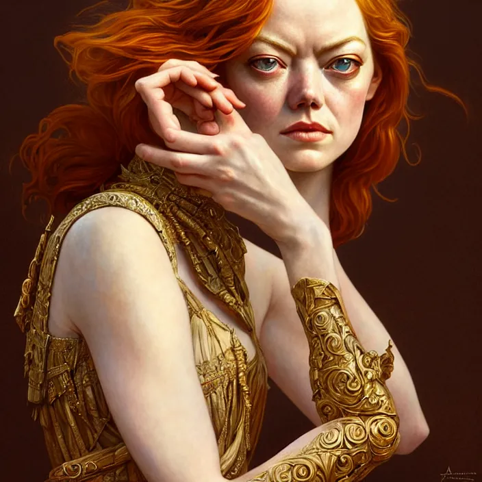 Image similar to ancient queen emma stone, symetrical, diffuse lighting, fantasy, intricate, elegant, highly detailed, lifelike, photorealistic, digital painting, artstation, illustration, concept art, 4 k, smooth, sharp focus, art by john collier and albert aublet and krenz cushart and artem demura and alphonse mucha