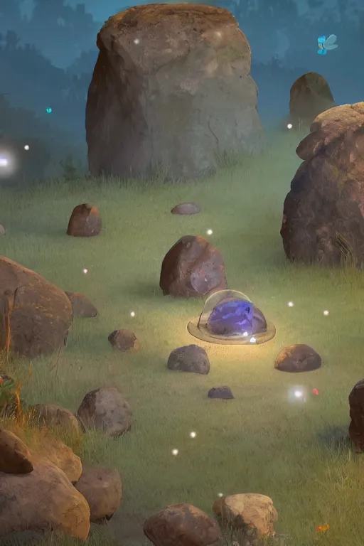 Prompt: a night time scene with a big pile of rocks in the shape of a character, decorated with transparent insects emitting light, game aesthetic