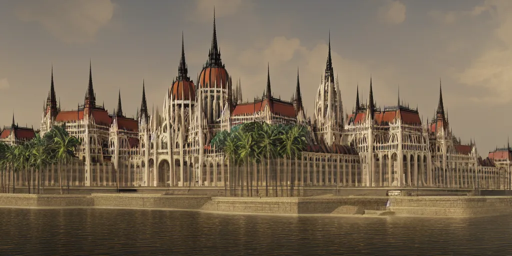 Prompt: matte painting of a hungarian parliament underwater-beach, palm trees behind, 4k, 8k, highly detailed, trending on ArtStation, CGSociety