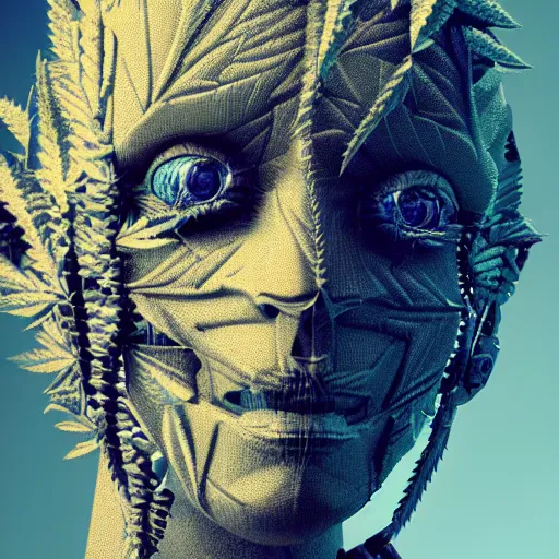 Prompt: an amazing deep portrait of a robot made of marijuana, intricate detail, volumetric lighting, 8 k, photorealistic, digital art trending on artstation