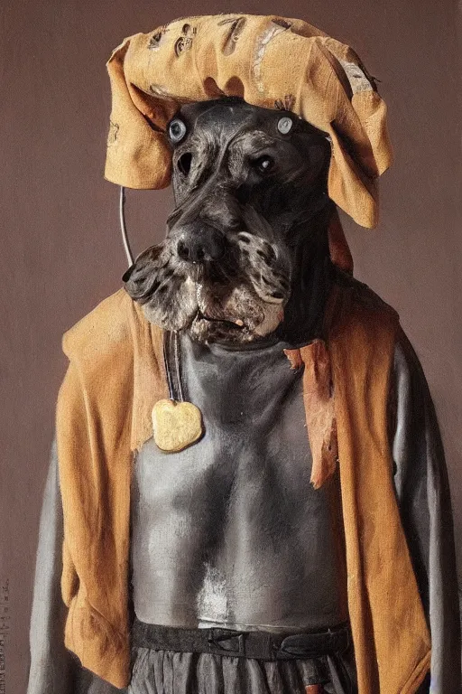 Image similar to Slavic dog head man, beautiful torso in medieval clothes, oil painting, hyperrealism, beautiful, high resolution, trending on artstation,