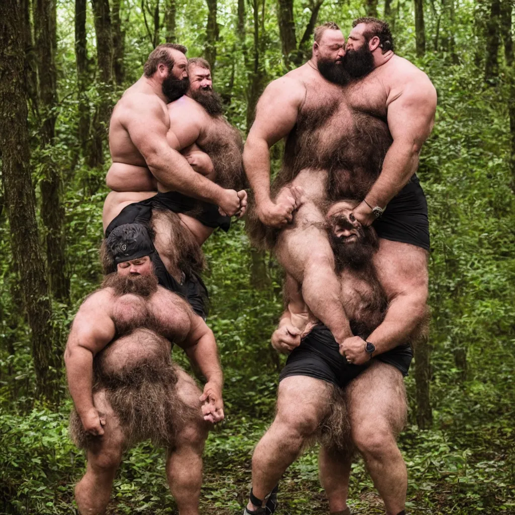 Image similar to dozens of big hairy strongmen in shorts in a forest, cuddling and kissing, photography, high details, epic, high resolution