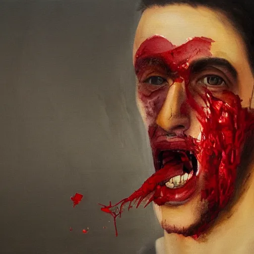 Prompt: a beautiful complex painting of the head view of a man with a bloody mouth looking at the camera