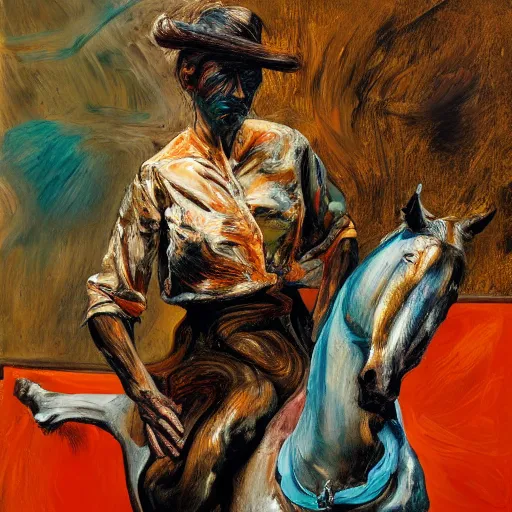 Prompt: high quality high detail expressionist painting of a woman on horseback by lucian freud and jenny saville and francis bacon and nicola samori, hd, anxiety, turquoise and orange