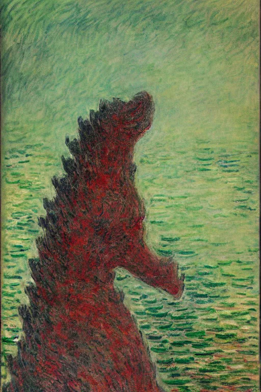 Image similar to portrait of shinzo abe face on Godzilla painting by claude monet