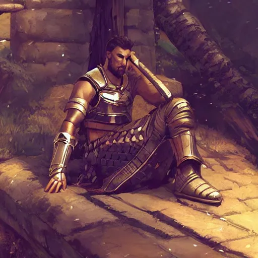 Image similar to 'A human male paladin in chainmail is resting after a fight, art by Greg Rutkowski, 4k'