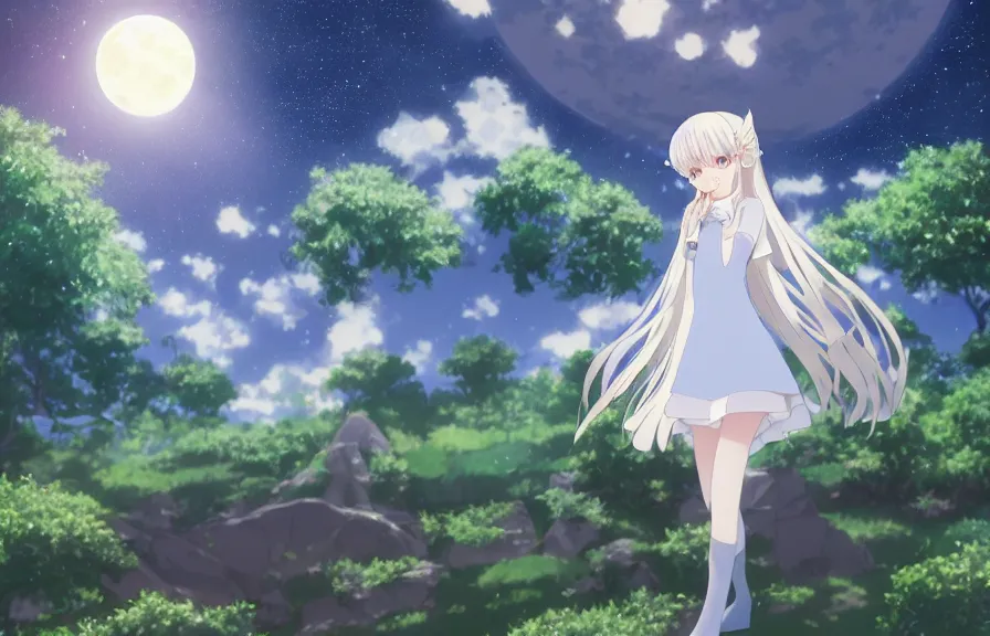 Image similar to Illyasviel holding floating green crystal | ghibli clover | Big Moon at Blue Night | Trees with white flowers | bioluminescent blue FLOWERS | strong blue rimlit | visual-key | anime illustration | highly detailed High resolution | Light Novel | Visual Novel | Gosick