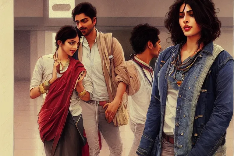 Prompt: Sensual good looking pale young Indian doctors wearing jeans in an airport, portrait, elegant, intricate, digital painting, artstation, concept art, smooth, sharp focus, illustration, art by artgerm and greg rutkowski and alphonse mucha