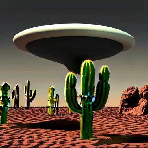 Prompt: crashed burning UFO flying saucer with a sad Roswell grey alien trying to repair his crashed burning spacecraft in the desert, crashed UFO, crashed Flying Saucer, cactus and rocks in the background, dusk, featured on zbrush central, hurufiyya, zbrush, polycount, airbrush art