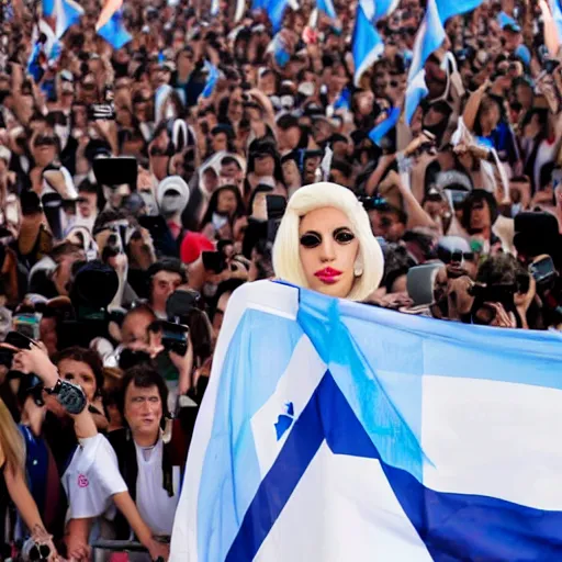 Image similar to Lady Gaga as president, Argentina presidential rally, Argentine flags behind, bokeh, giving a speech, detailed face, Argentina