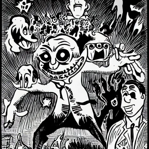 Image similar to repressed emotional monsters and creatures starting a fiery revolution in the psyche, in the style of vintage black and white Fleischer cartoons