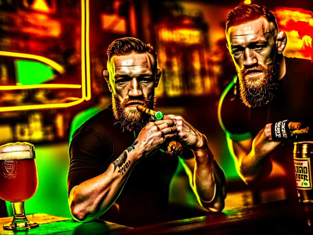 Image similar to a well framed portrait of conor mcgregor drinking a beer and smoking a cigar in an irish pub with a neon bar, trending on art station, in the style of the movie heat, volumetric lighting & shadows, hyper detailed, digital art, unreal engine, 4 0 0 mm f 1. 8,