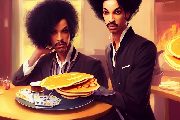 Prompt: portrait of the artist formally known as prince with a plate of pancakes, casino on fire los vegas, charlie bowater, artgerm, ilya kuvshinov, krenz cushart, ruan jia, realism, ultra detailed, 8 k resolution