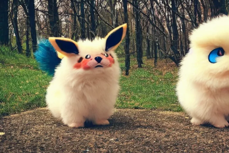 Image similar to real life pokemon, cute!!!, adorable!!!, fluffy!!!, happy!!!, cheeky!!!, mischievous!!!, ultra realistic!!!, spring time, clear weather, golden hour, sharp focus