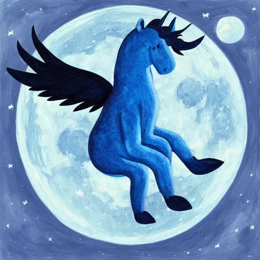 Prompt: A lonely dark-blue unicorn with wings sits on the moon's surface 🎨🖌️
