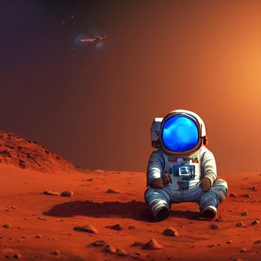 Image similar to tiny astronaut playing video game on mars, time machine, ice, bioluminescence, vegetation, colorful, rim light, highly detailed, tilt shift, digital painting, concept art, smooth, sharp focus, pleasing aesthetics, 3 d render, octane render, disney pixar, 4 k