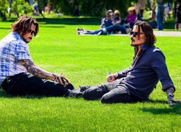 Prompt: photo still of johnny depp touching grass, 8 k, sunny day in a park